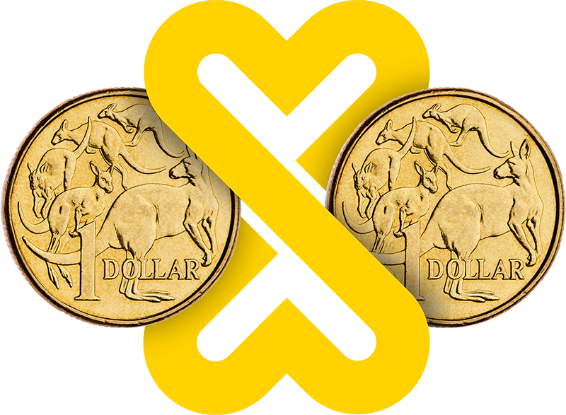 Two $1 coins intertwined with the heart shaped Giving Day symbol